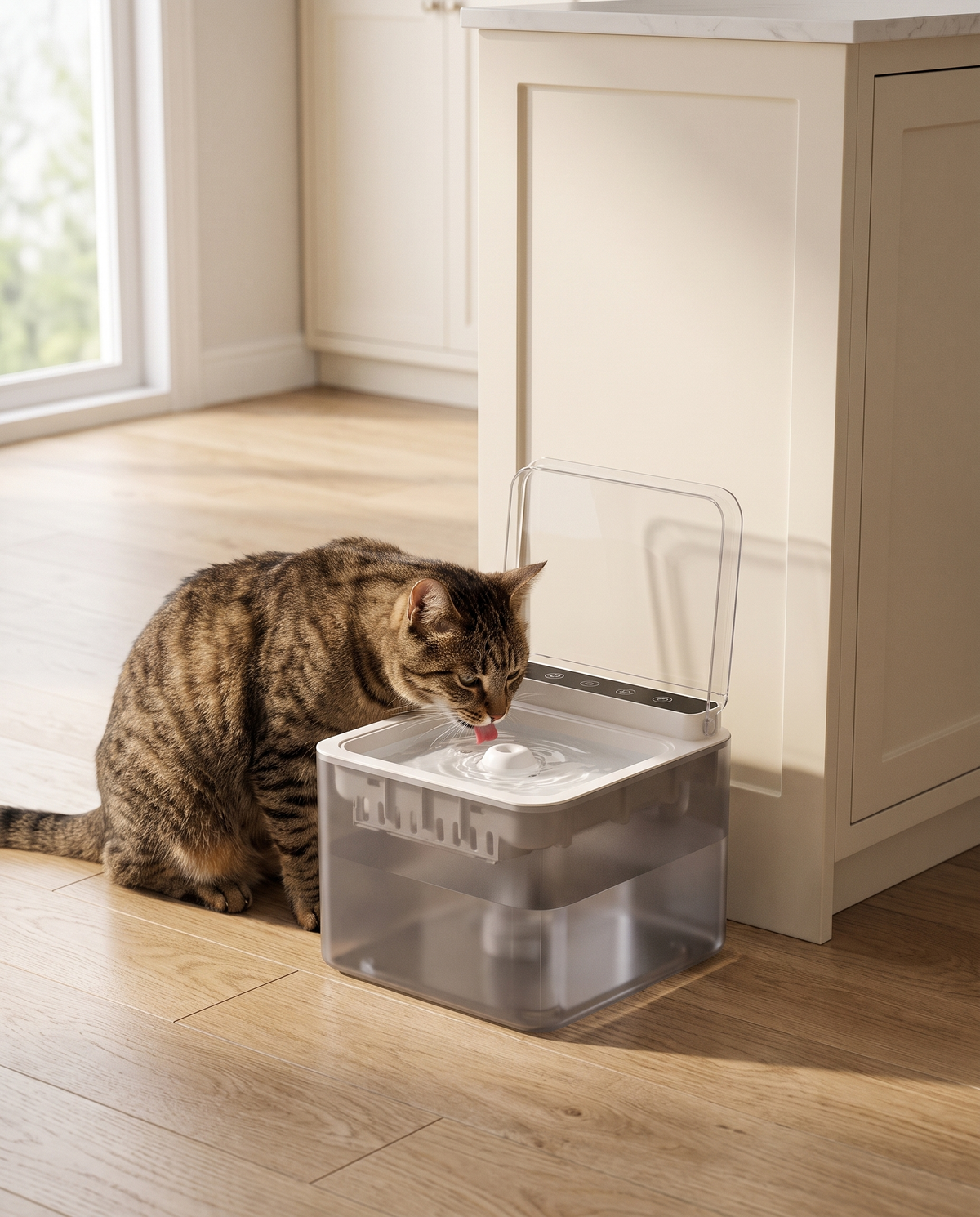 Tabby cat drinking from the KitbrookPet cordless fountain in a kitchen
