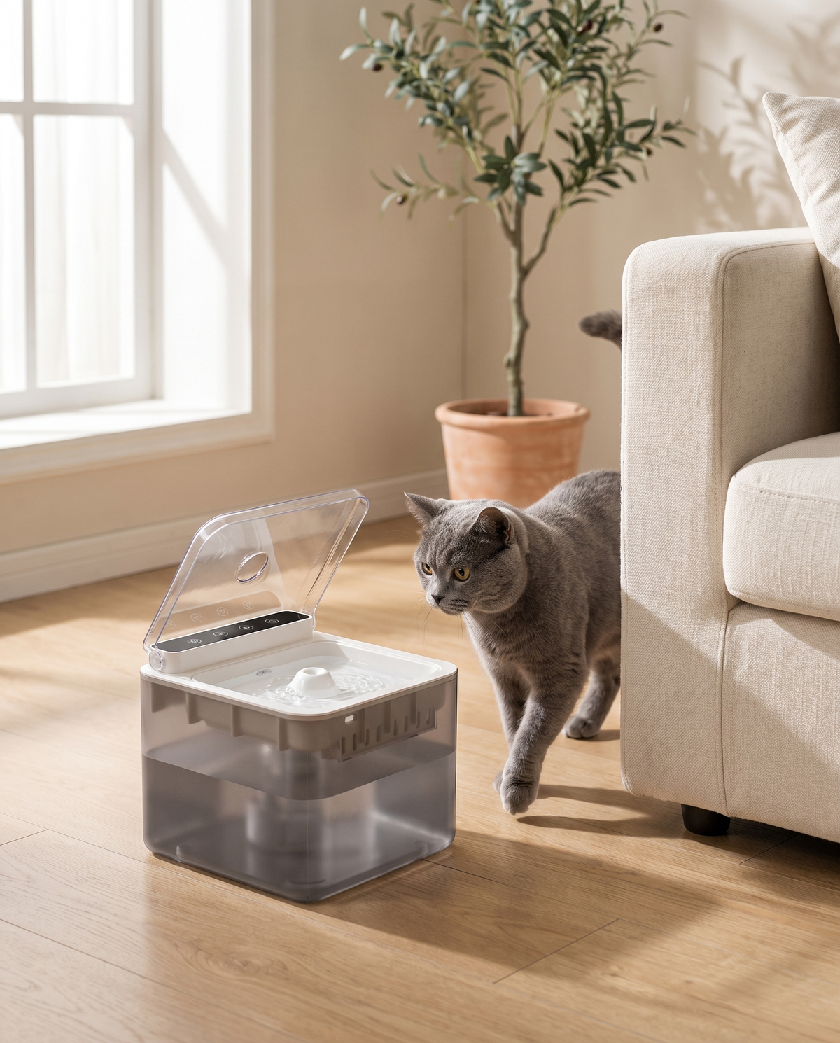 Gray cat walking up as the smart lid of the KitbrookPet fountain opens
