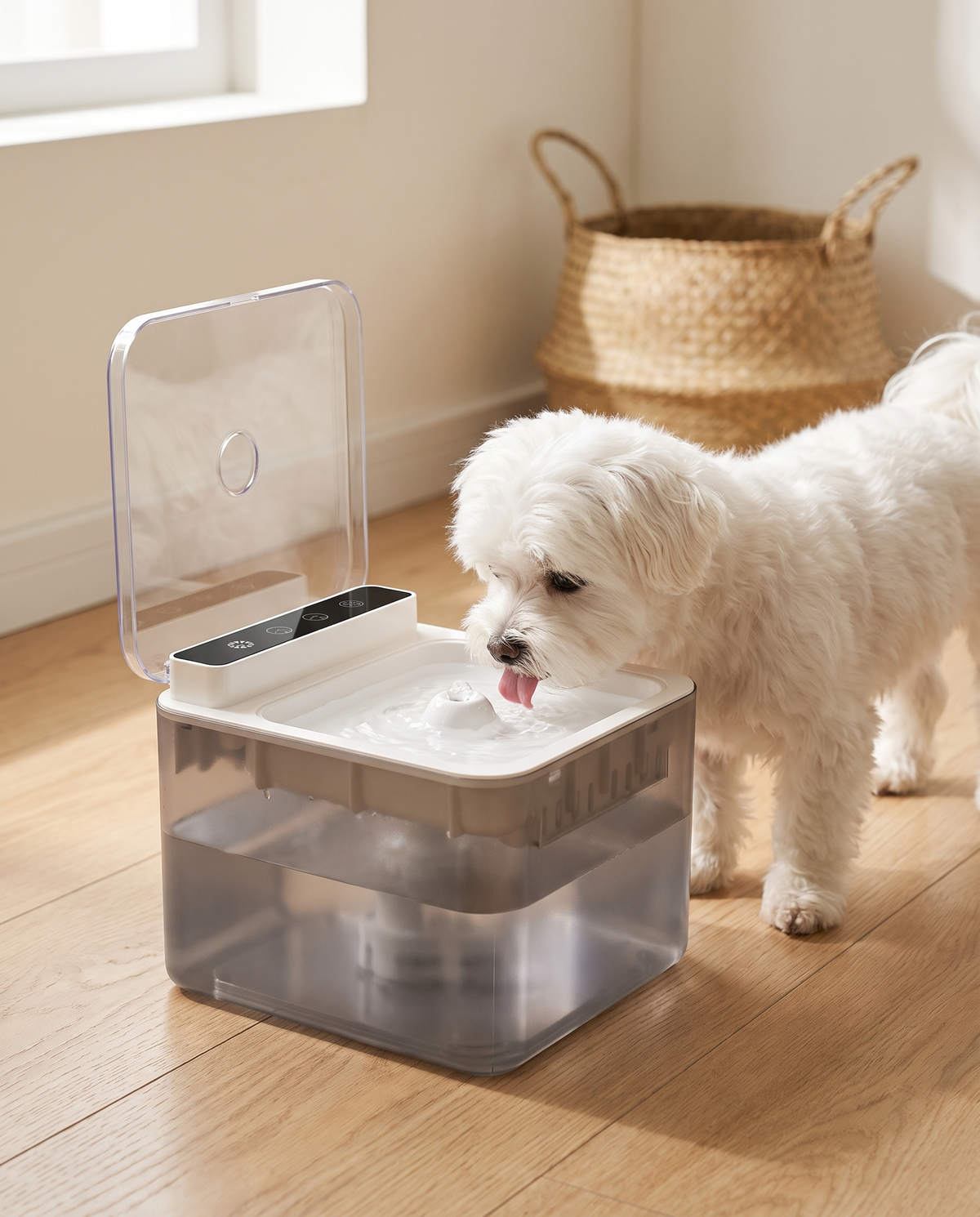 Small white dog drinking from the KitbrookPet cordless fountain